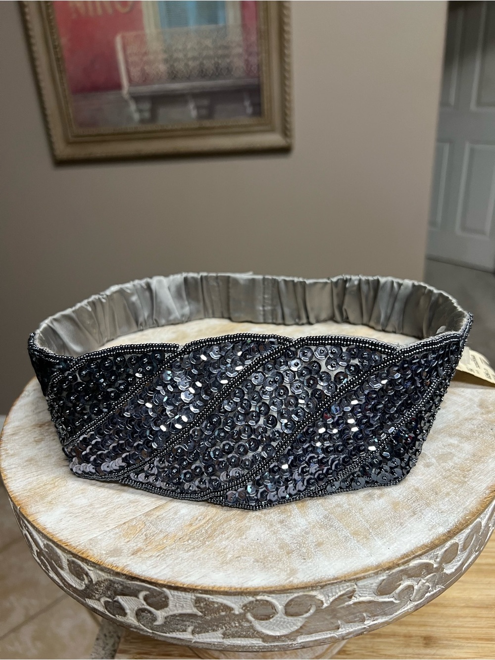 Vintage Uptons Blue Sequin Beaded Satin Belt